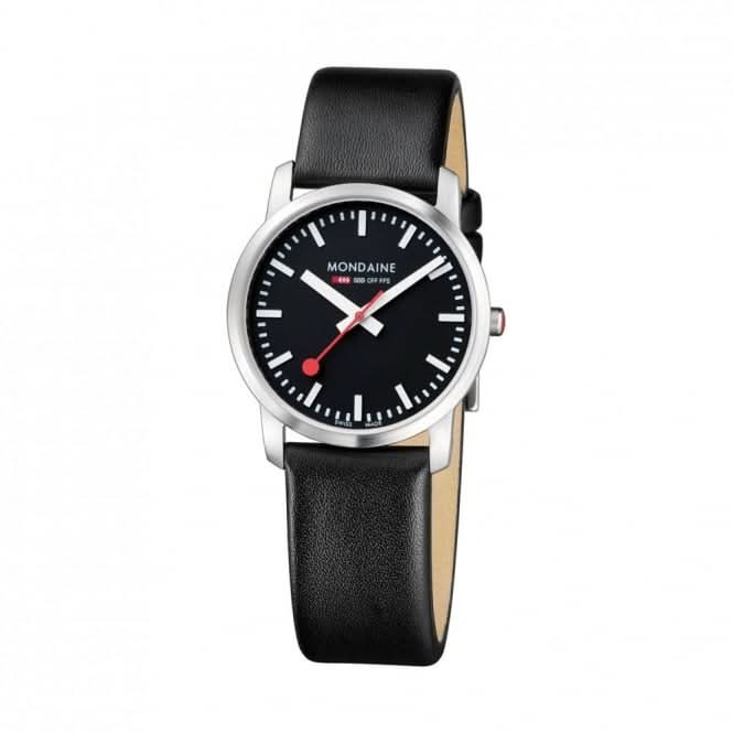 Mondaine Luxury Watches Mondaine Simply Elegant Stainless Steel Watch with Black Leather Strap
