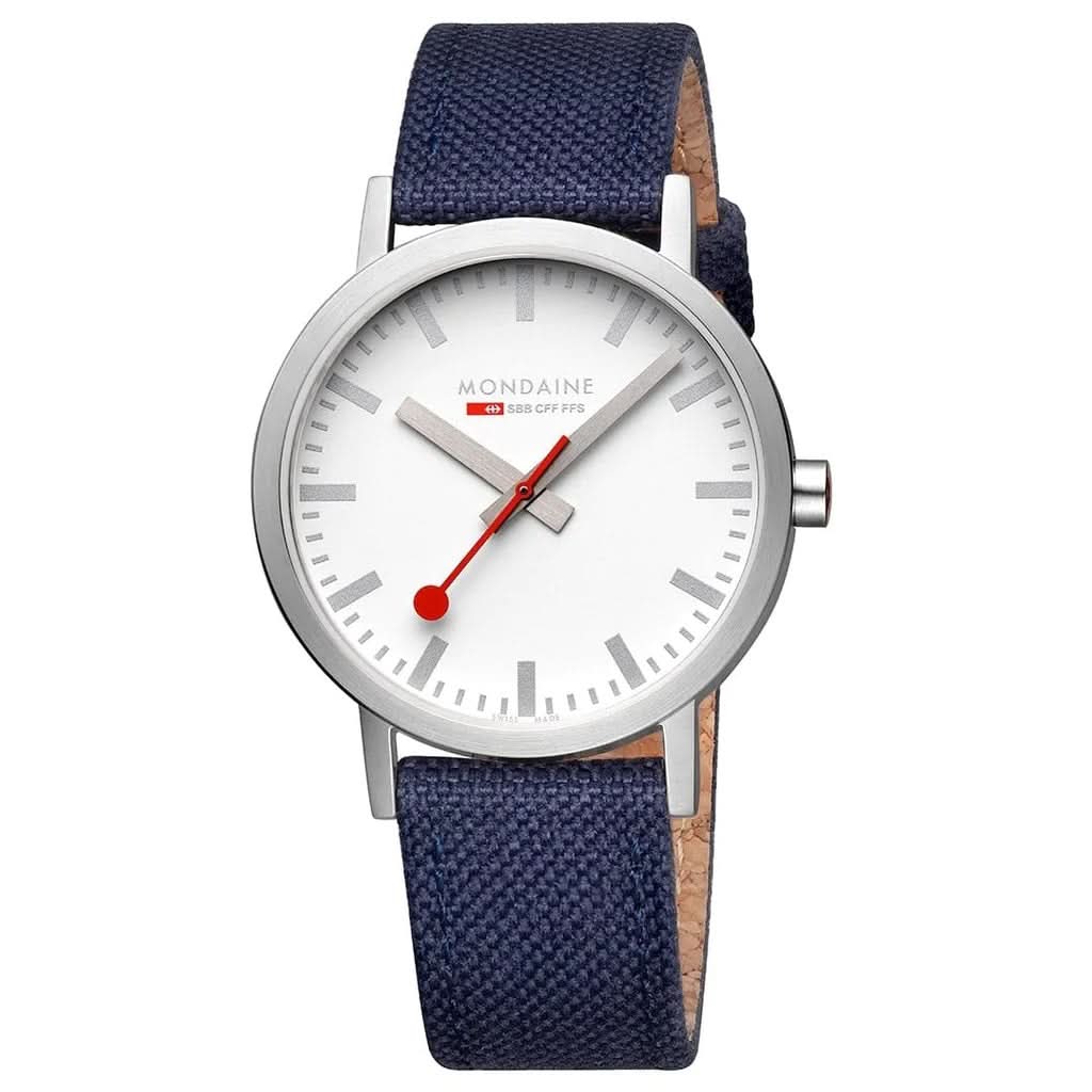 Mondaine Luxury Watches White Mondaine Classic Stainless Steel Watch with Deep Ocean Blue Leather Strap