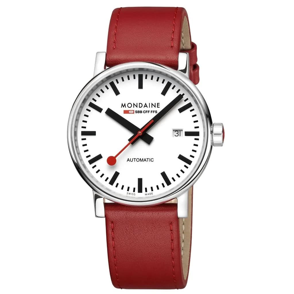 Mondaine Luxury Watches White Mondaine EVO2 Automatic Stainless Steel Watch with Red Leather Strap