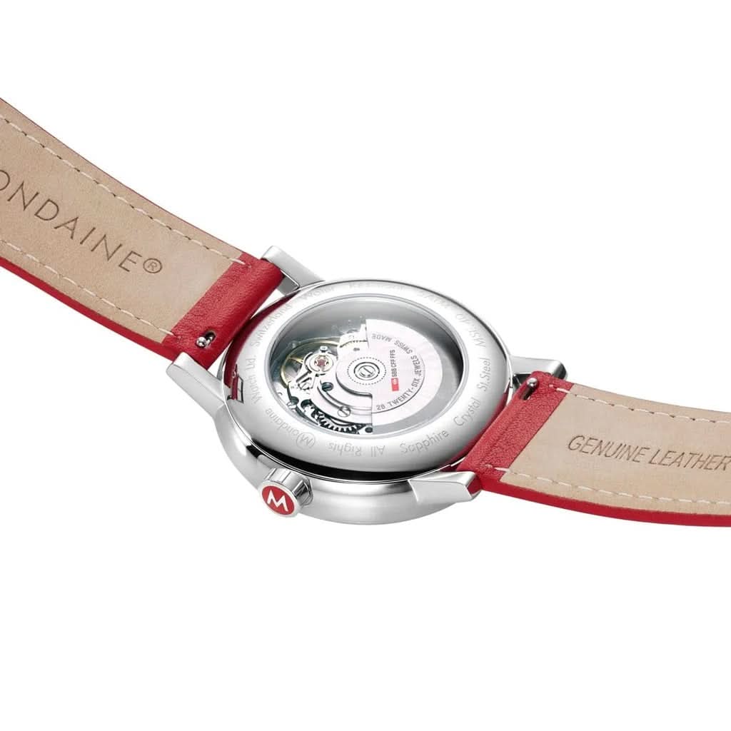 Mondaine Luxury Watches White Mondaine EVO2 Automatic Stainless Steel Watch with Red Leather Strap