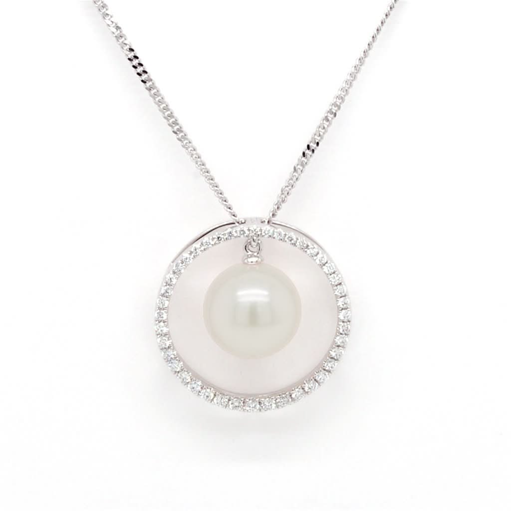 Ogden of Harrogate Jewellery 18ct White Gold, Akoya Cultured Pearl and Diamond Circle Pendant on Chain