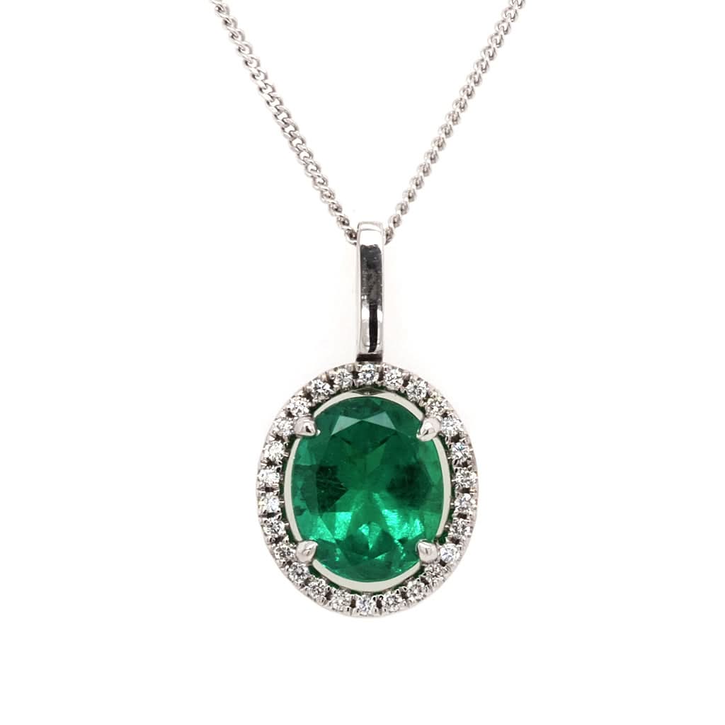 Ogden of Harrogate Jewellery 18ct White Gold Colombian Emerald and Diamond Cluster Pendant, 3.80cts