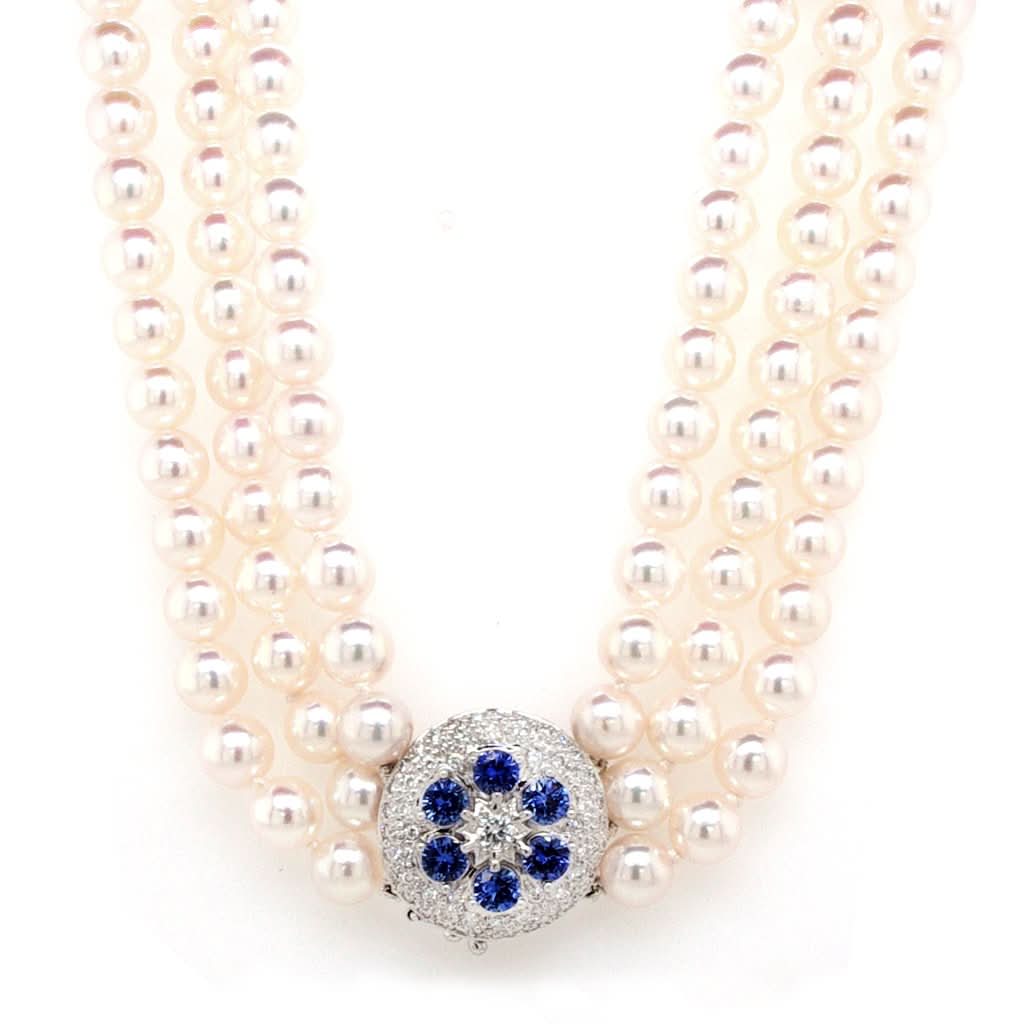 Ogden of Harrogate Jewellery 18ct White Gold Cultured Pearl Three Row Necklace with Diamond and Sapphire Cluster Clasp