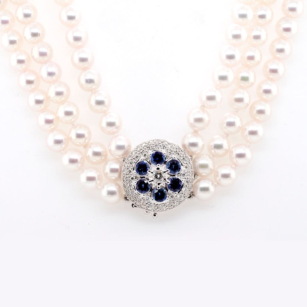 Ogden of Harrogate Jewellery 18ct White Gold Cultured Pearl Three Row Necklace with Diamond and Sapphire Cluster Clasp