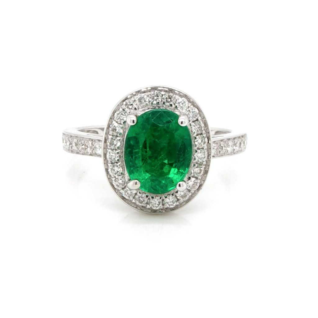 Ogden of Harrogate Jewellery 18ct white Gold, Emerald and Diamond Cluster ring with Diamond-Set Shoulders, Certified Emerald 1.91cts