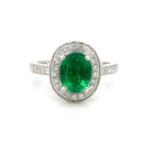 Ogden of Harrogate Jewellery 18ct white Gold, Emerald and Diamond Cluster ring with Diamond-Set Shoulders, Certified Emerald 1.91cts