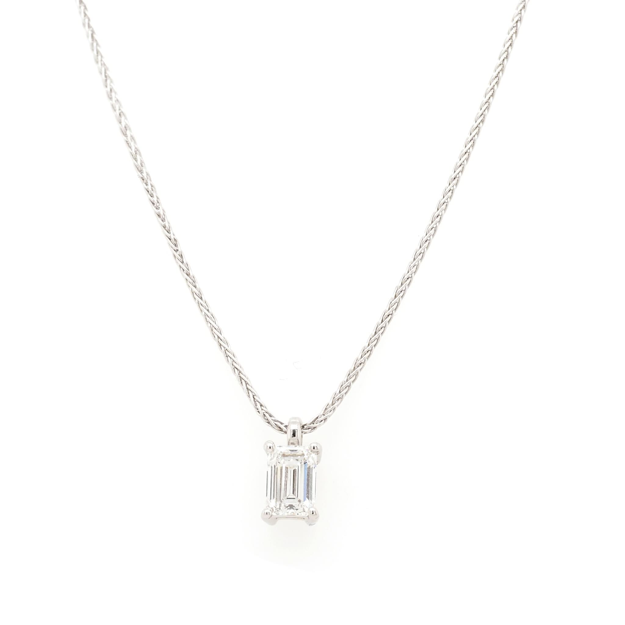 Ogden of Harrogate Jewellery 18ct White Gold Emerald Cut Claw Set Diamond Pendant