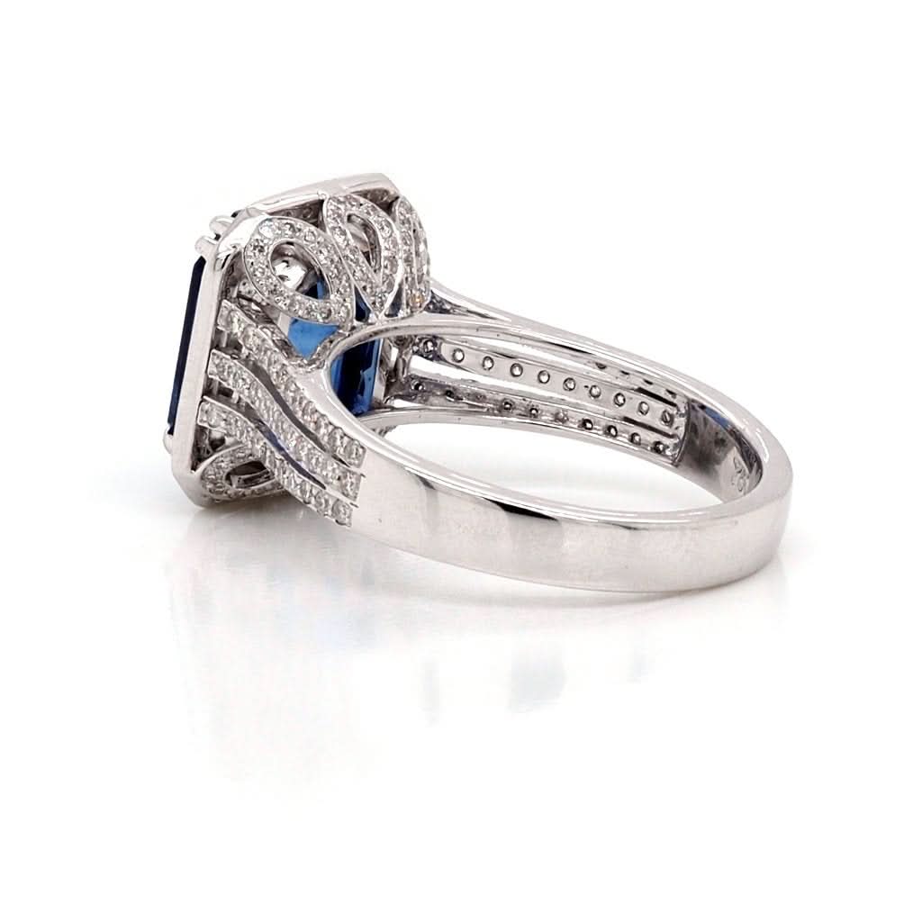 Ogden of Harrogate Jewellery 18ct White Gold, Emerald Cut Sapphire and Diamond Cluster Ring, 5.54cts