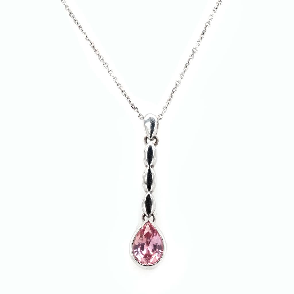 Ogden of Harrogate Jewellery 18ct White Gold Peach Sapphire Drop Pendant