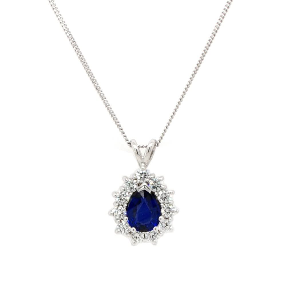 Ogden of Harrogate Jewellery 18ct White Gold, Pear-Shaped Sapphire and Diamond Cluster Pendant, Sapphire 1.31cts
