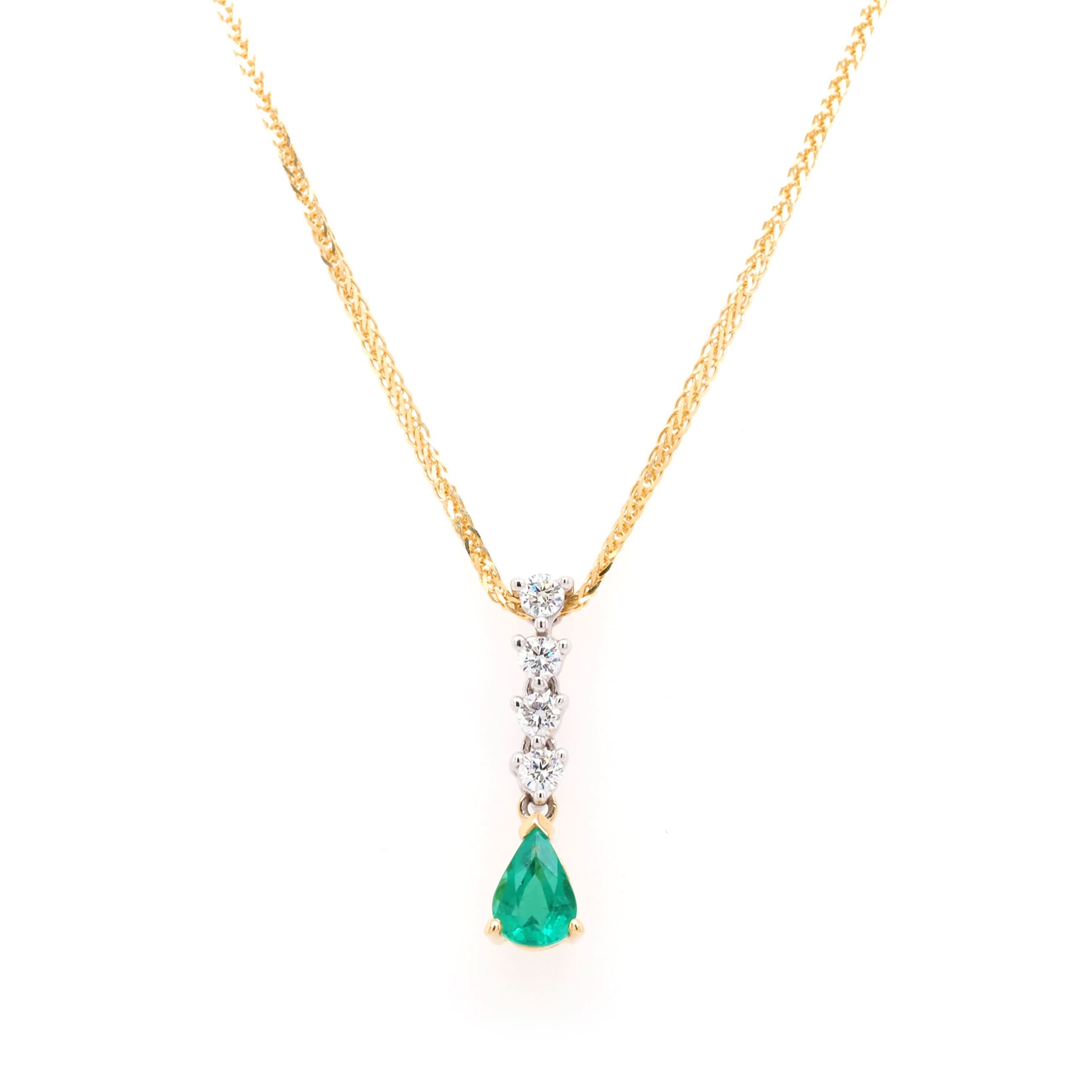 Ogden of Harrogate Jewellery 18ct Yellow Gold 5-Stone Emerald and Diamond Drop Pendant and Chain