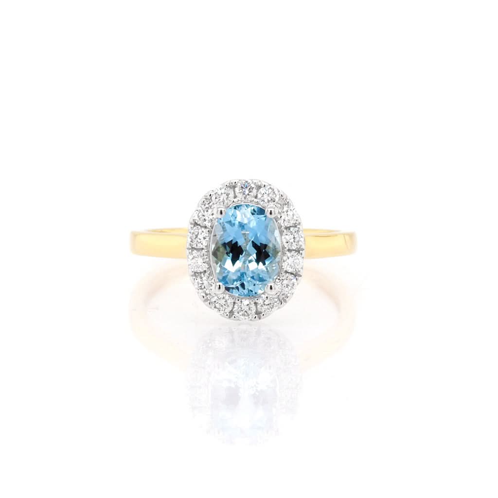 Ogden of Harrogate Jewellery 18ct Yellow Gold Oval Aquamarine and Diamond Cluster Ring