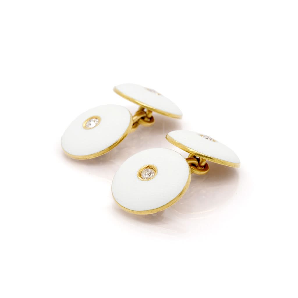 Ogden of Harrogate Jewellery 18ct Yellow Gold White Enamel Chain Cufflinks Set with Diamonds, c.1930