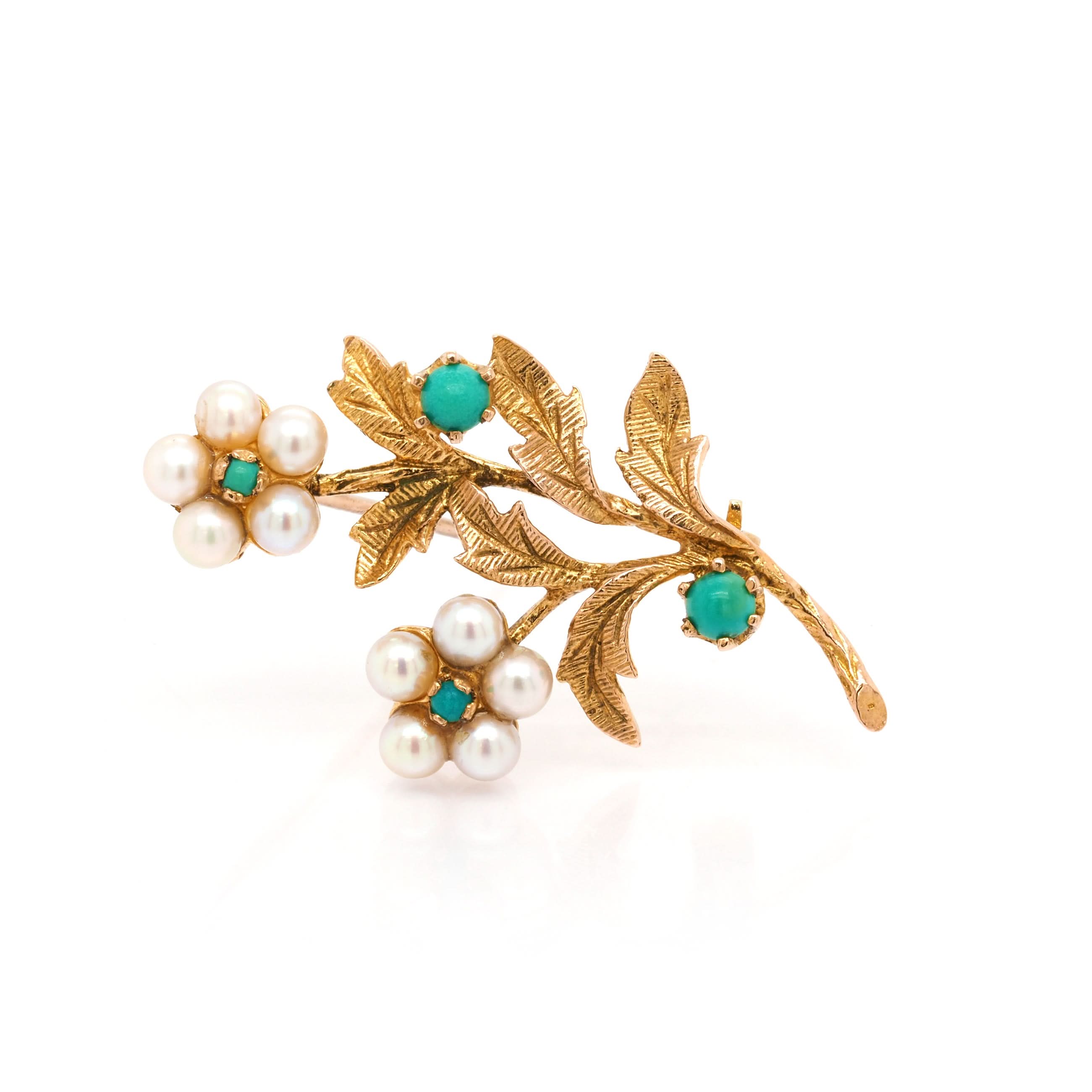 Ogden of Harrogate Jewellery 9ct Yellow Gold Pearl and Turquoise Spray Brooch, c.1968