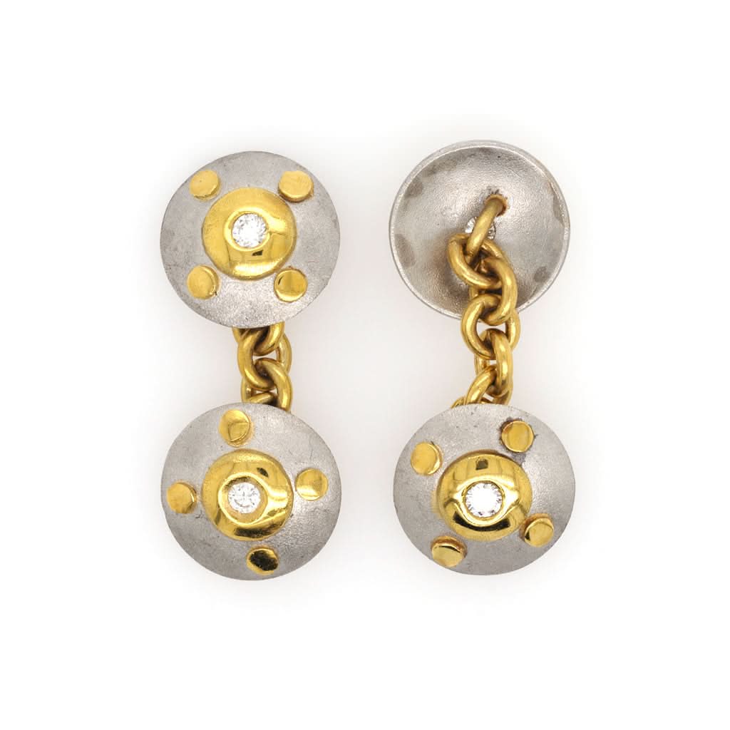 Ogden of Harrogate Jewellery A Pair of 18ct Gold and Platinum Diamond-Set Cufflinks with Gold Chain Connectors