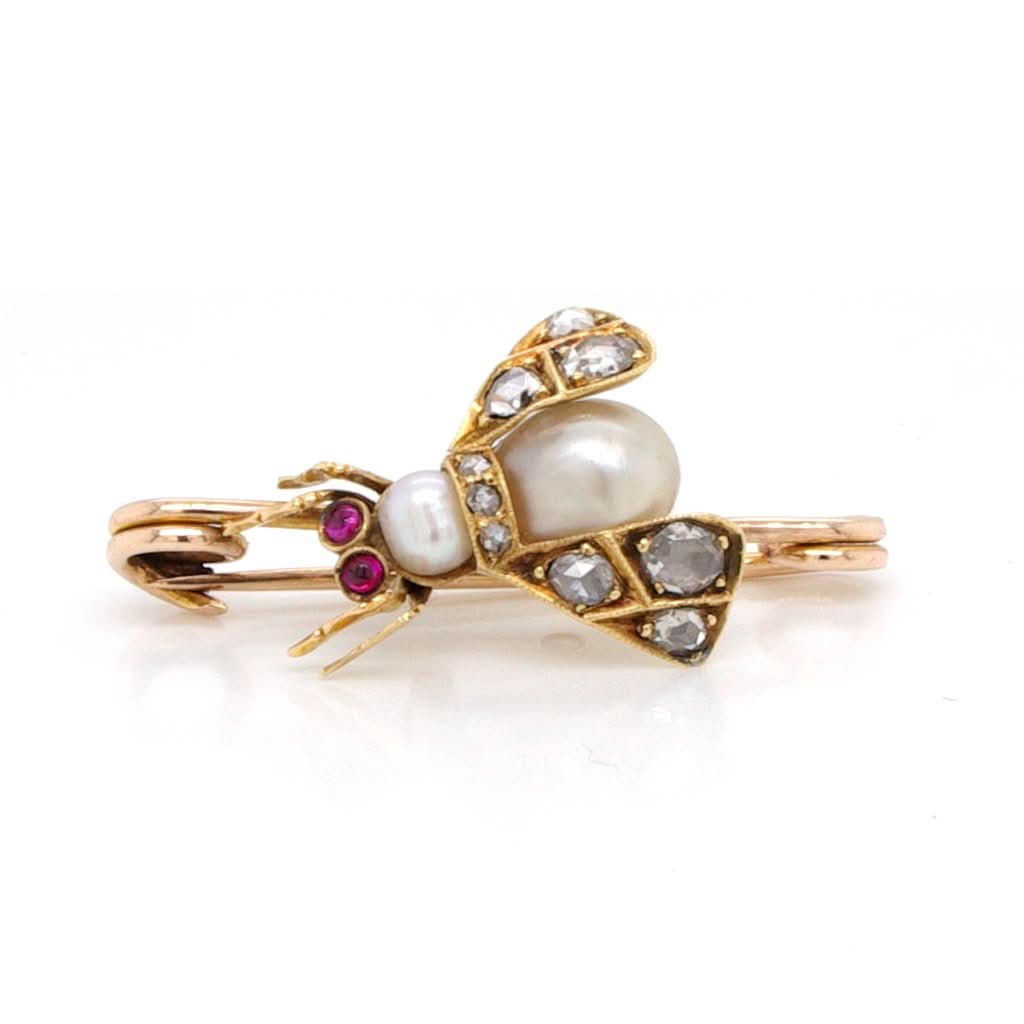 Ogden of Harrogate Jewellery A Victorian 15ct yellow gold, vintage fly insect brooch formed from two natural pearls