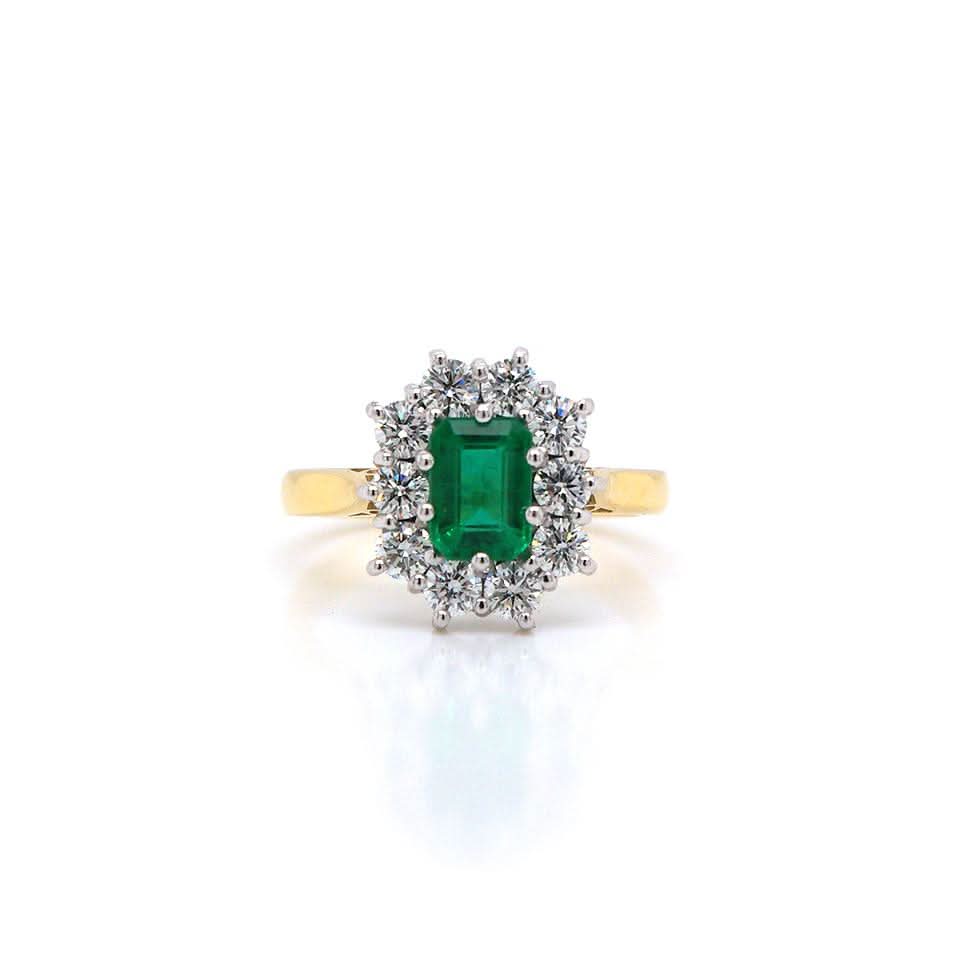 Ogden of Harrogate Jewellery An 18ct Gold Emerald and Diamond Cluster Ring