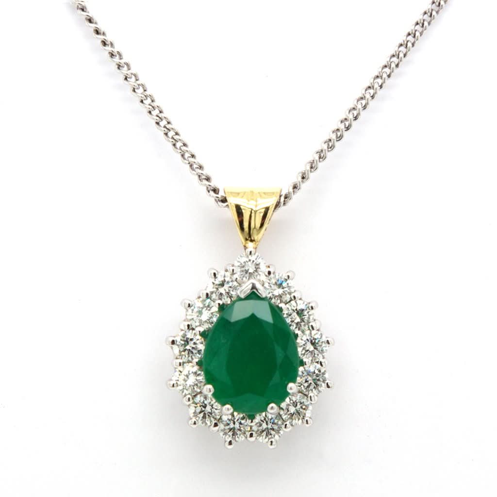 Ogden of Harrogate Jewellery An 18ct Gold, Teardrop Emerald and Diamond Cluster Pendant