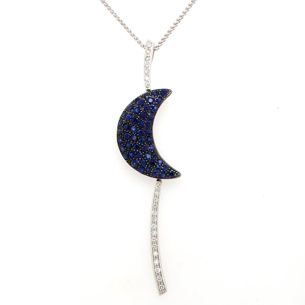 Ogden of Harrogate Jewellery An 18ct White Gold, Sapphire and Diamond Half Moon Pendant