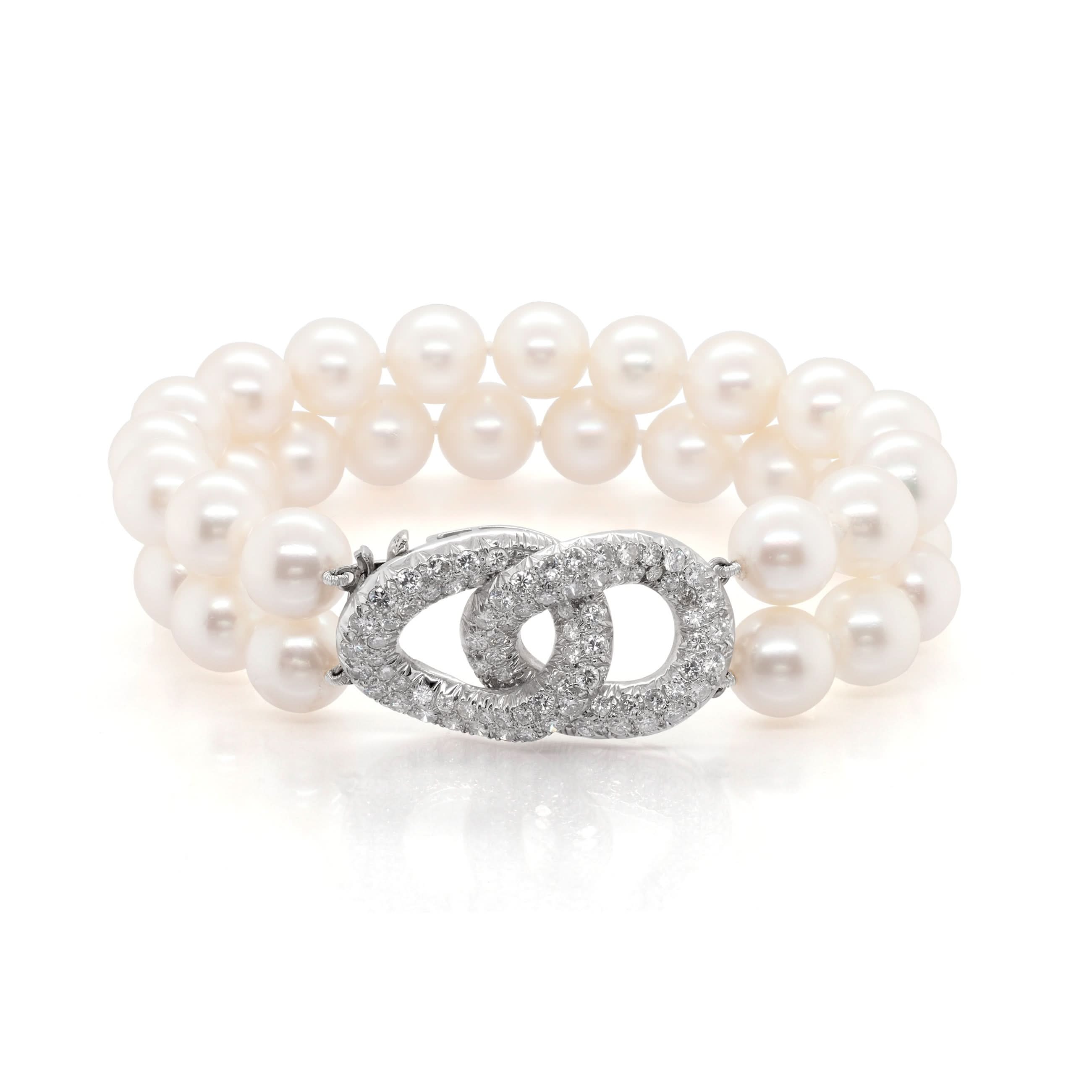 Ogden of Harrogate Jewellery Cultured Pearl Two Row Bracelet with Platinum Diamond-Set Clasp