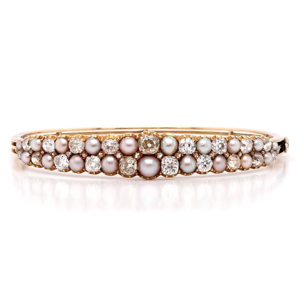Ogden of Harrogate Jewellery Edwardian 18ct Gold, Diamond and Pearl-Set Hinged Bangle, c. 1910