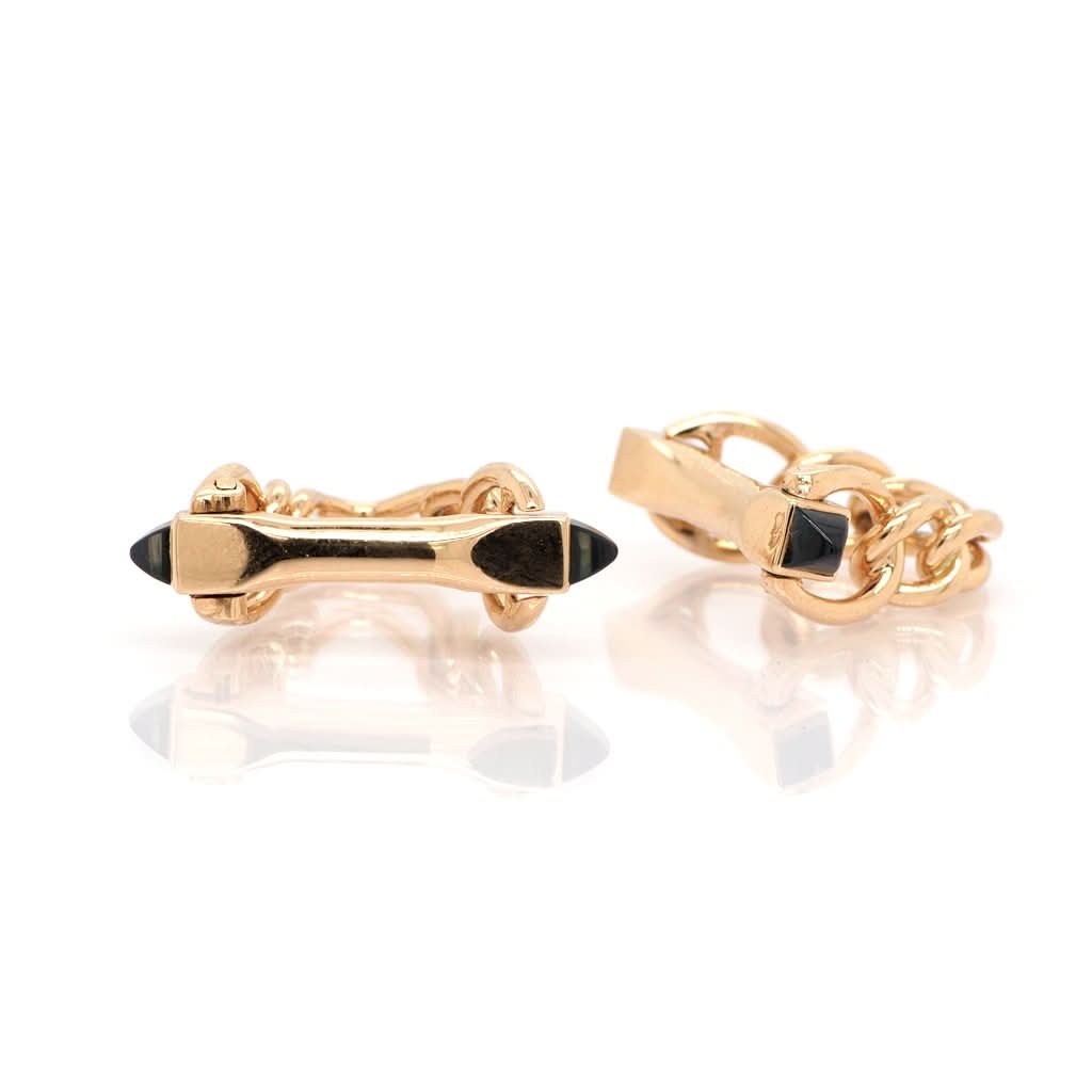 Ogden of Harrogate Jewellery Pair of 18ct Gold French Stirrup Shaped Cufflinks with Single Sapphire and Chain