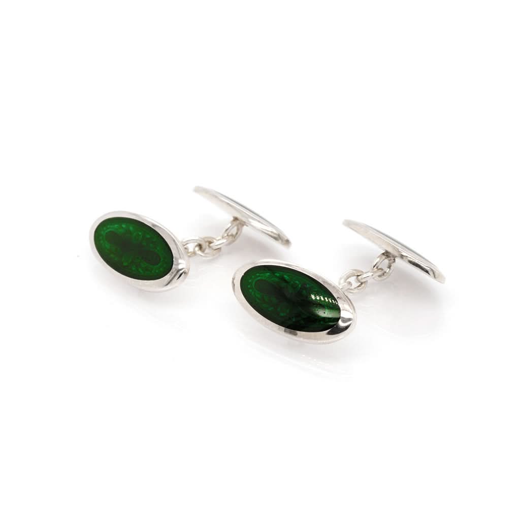 Ogden of Harrogate Jewellery Silver and Enamel Oval Dark Green Cufflinks