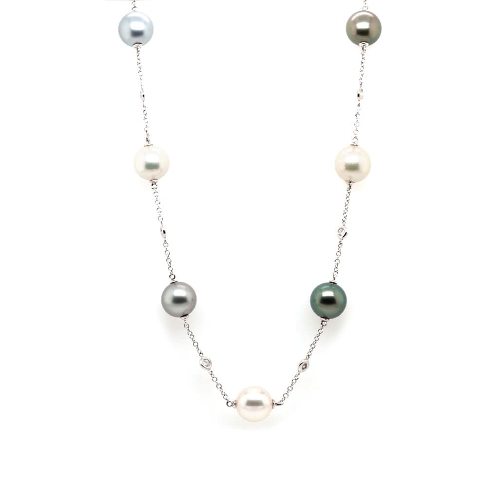 Ogden of Harrogate Jewellery Single Row of Spaced White Akoya and Tahitian Pearls with Diamonds Between on 18ct White Gold Chain