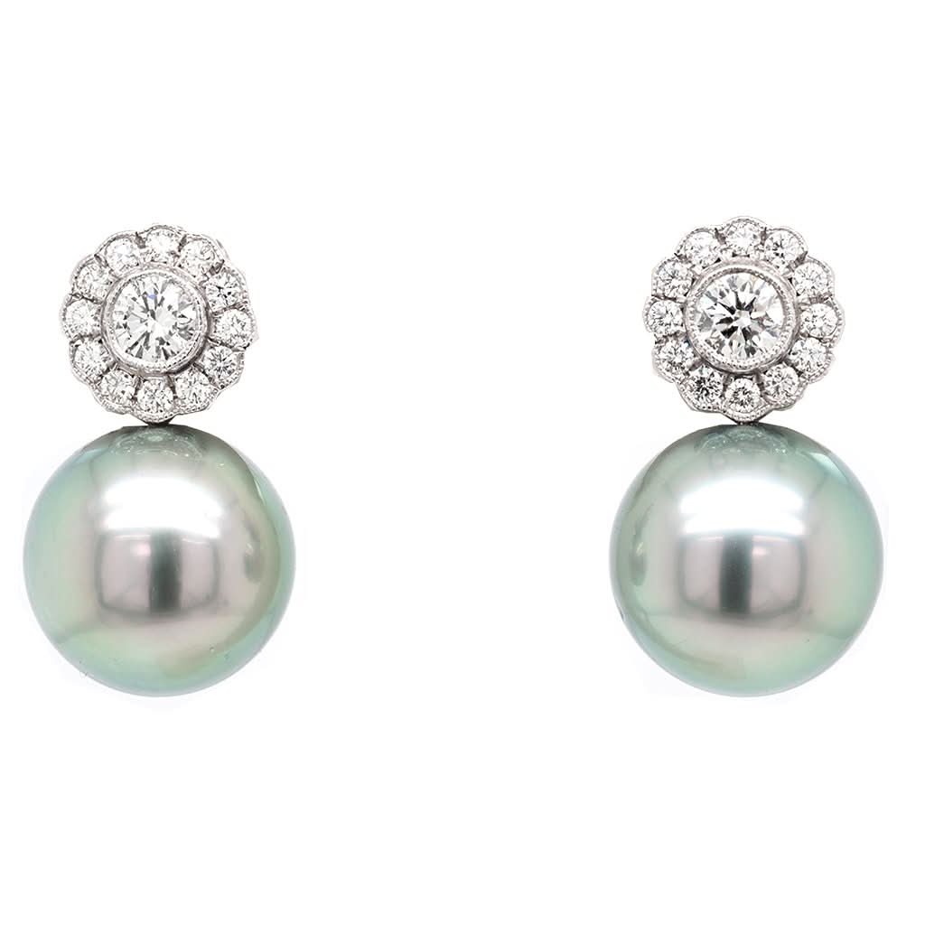 Ogden of Harrogate Jewellery Tahitian Pearl and Diamond Cluster Earrings