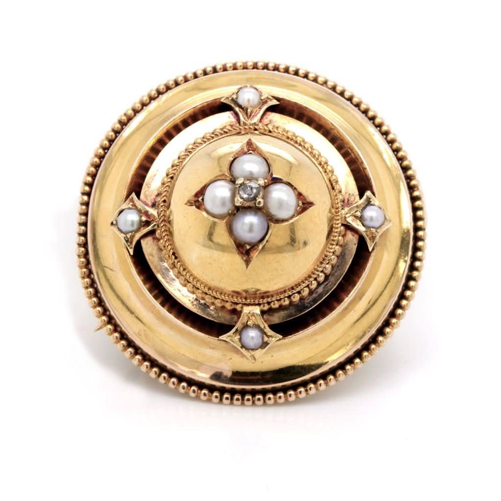 Ogden of Harrogate Jewellery Victorian 9ct Gold Plated Etruscan-Revival Brooch Set With Seed Pearls and Diamonds