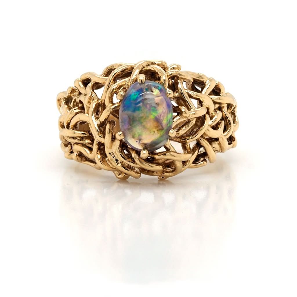 Ogden of Harrogate Jewellery Vintage 18ct Gold Openwork Ornate Dress Ring Set with Single Black Opal, c.1960