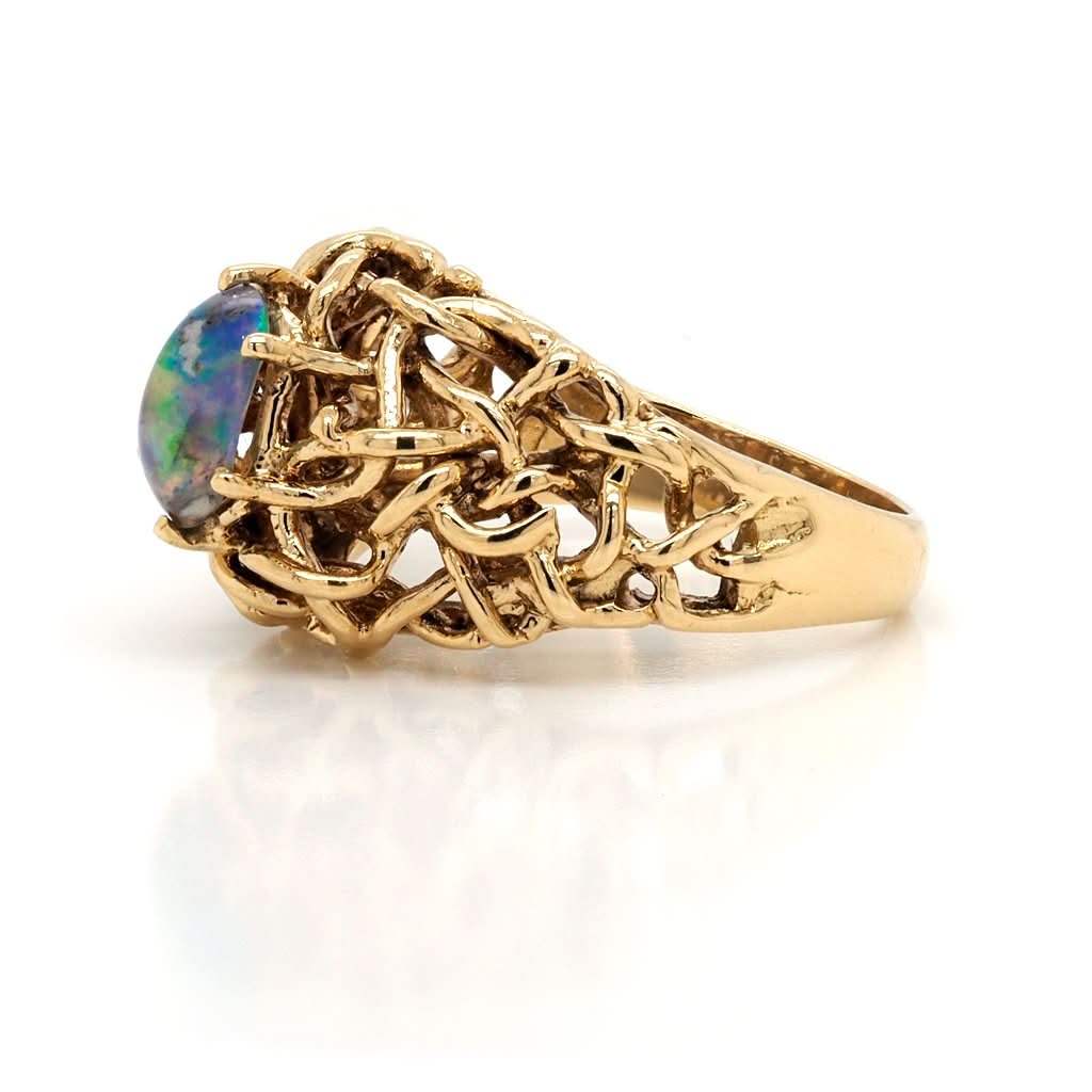 Ogden of Harrogate Jewellery Vintage 18ct Gold Openwork Ornate Dress Ring Set with Single Black Opal, c.1960