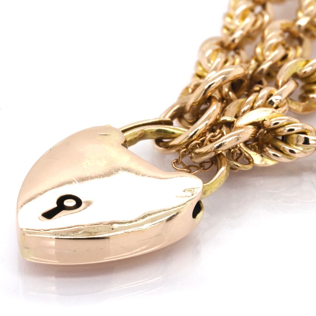 Ogden of Harrogate Jewellery Vintage 9ct Yellow Gold Double Chain Link Bracelet with Heart Padlock