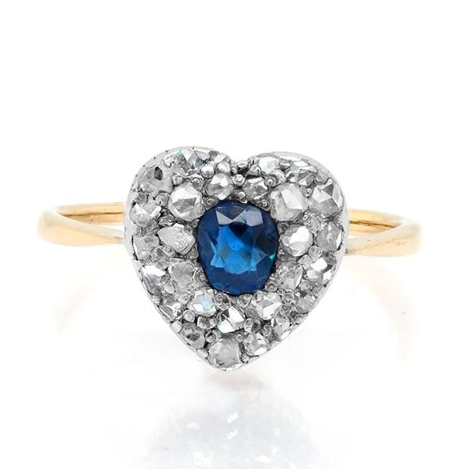 Ogden of Harrogate Jewellery Vintage Gold, Heart Shaped Sapphire and Diamond Cluster Ring
