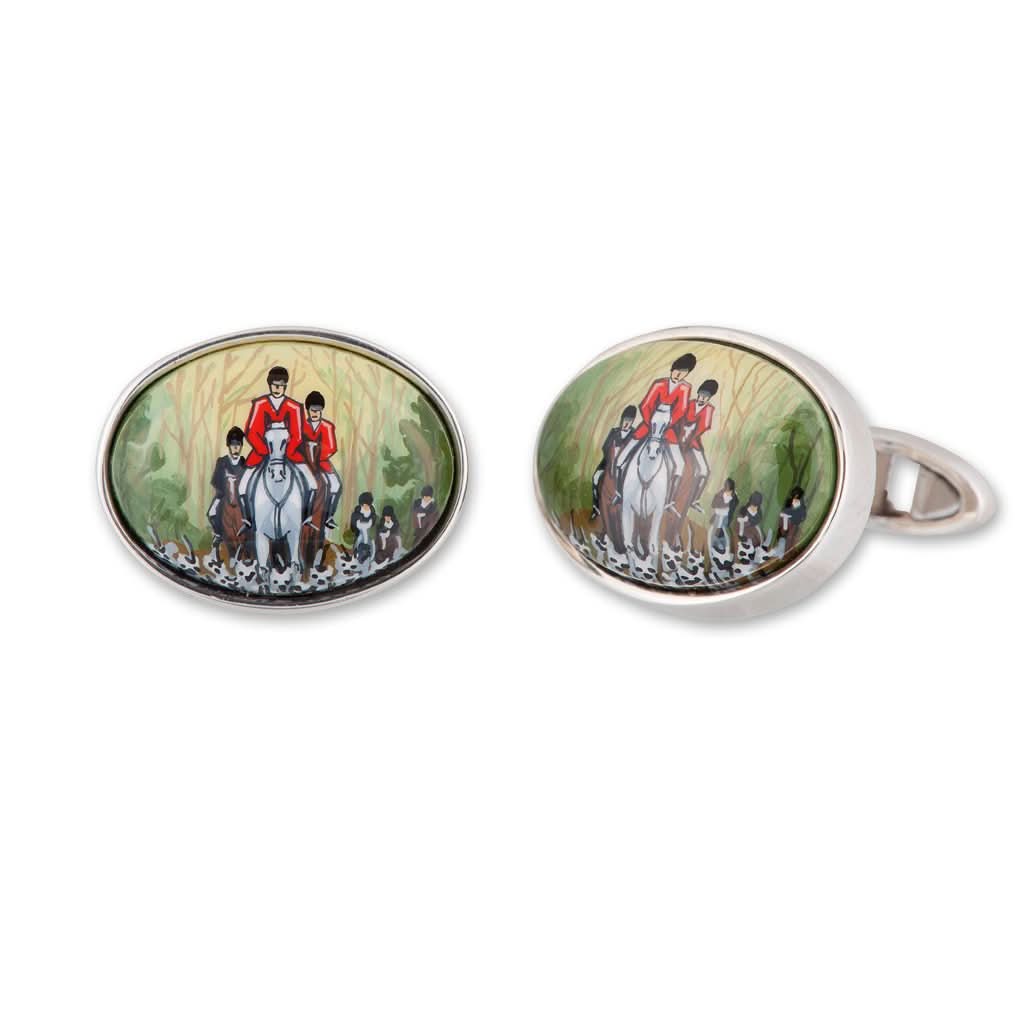 Ogden of Harrogate Mens Accessories A pair of silver and enamel hand painted cufflinks with hunting scenes