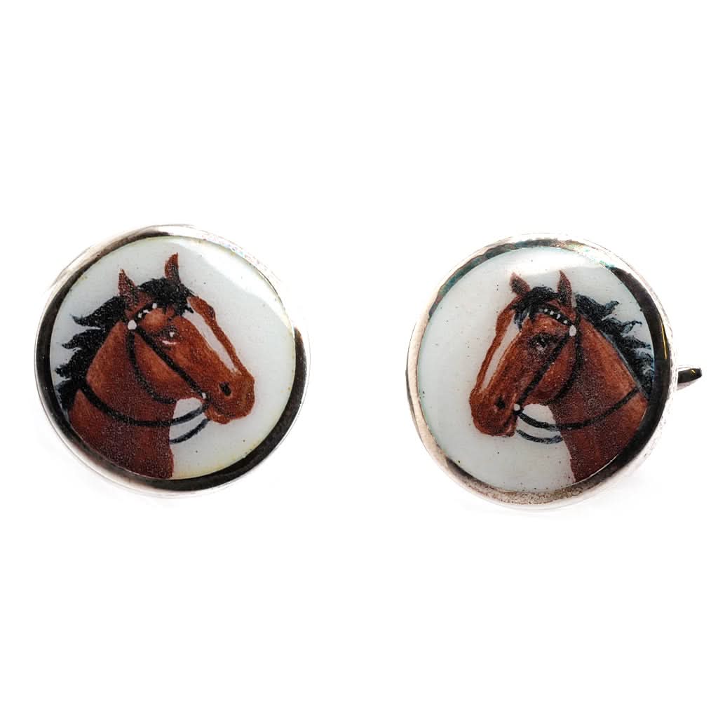Ogden of Harrogate Mens Accessories A Pair of Silver Enamel, Horse Design Cufflinks