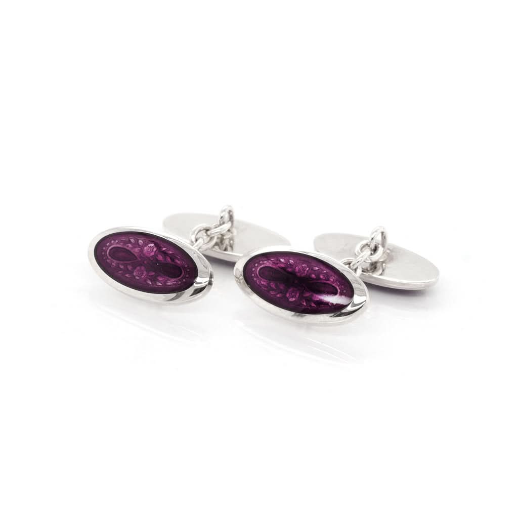 Ogden of Harrogate Mens Accessories Silver Enamel Oval Purple Floral Design Cufflinks