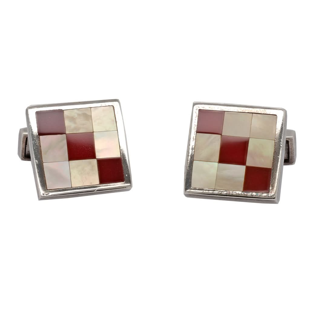 Ogden of Harrogate Mens Accessories Silver Square Cufflinks with a Red Cornelian and Mother Of Pearl Design