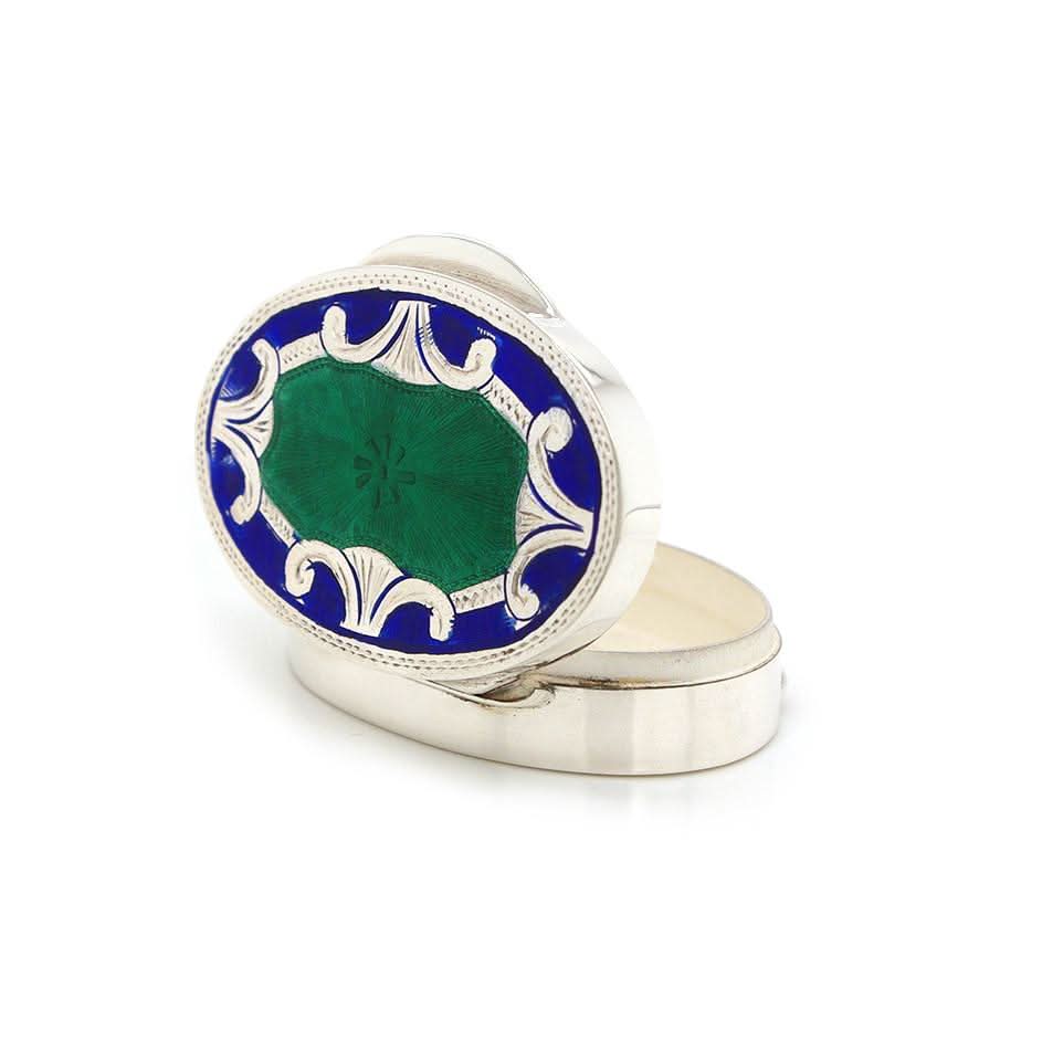 Ogden of Harrogate Silverware Homewares Gifts Silver and Enamel Oval Shaped Pill Box