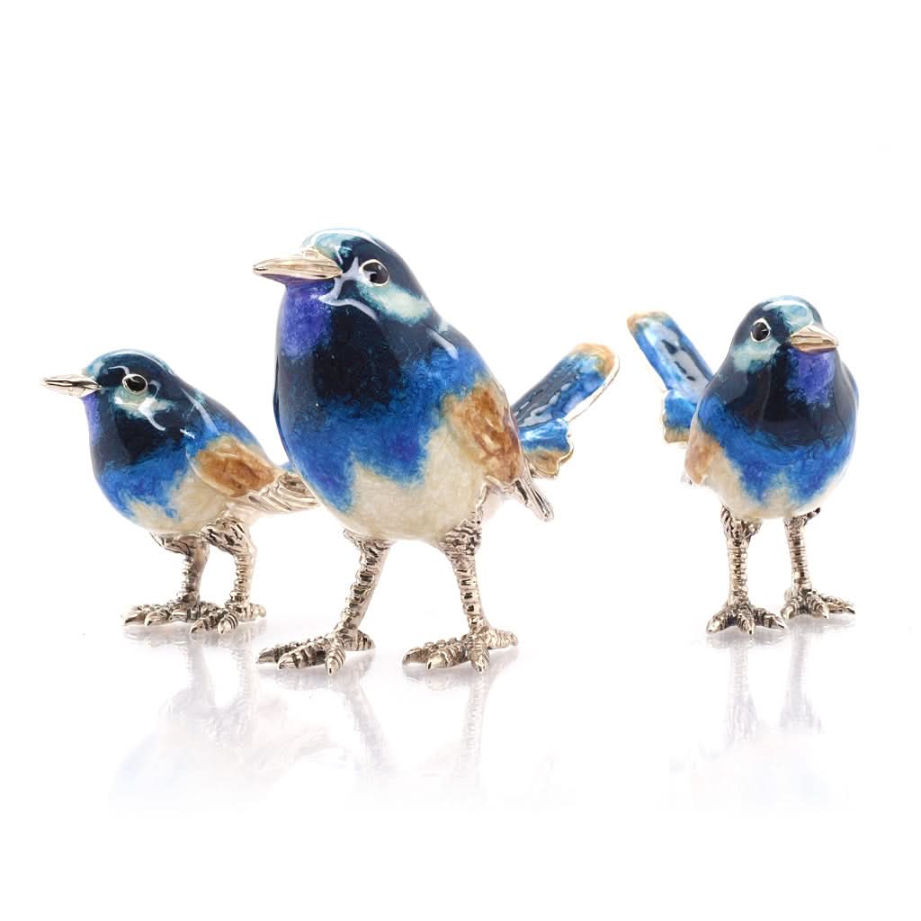 Ogden of Harrogate Silverware Homewares Gifts Silver Enamel Trio of Blue Wrens